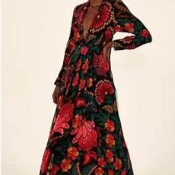 Farm Rio Black Long Sleeve Floral "Flower Doscopic " Maxi Dress Size M - Picture 1 of 5